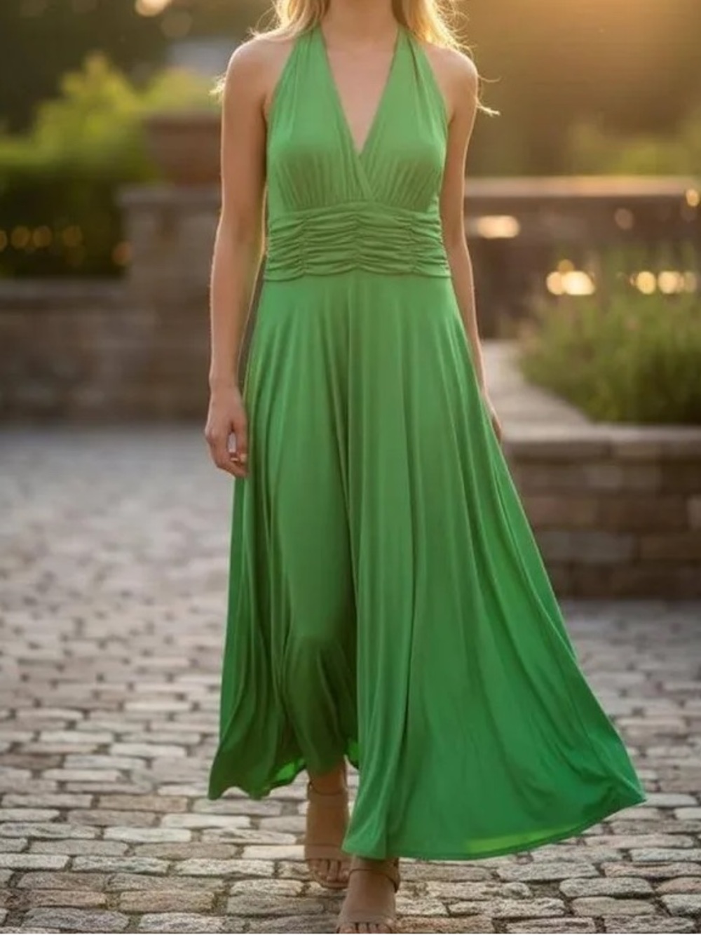 Evan Picone Green V-Neck Ruched Waist Maxi Dress